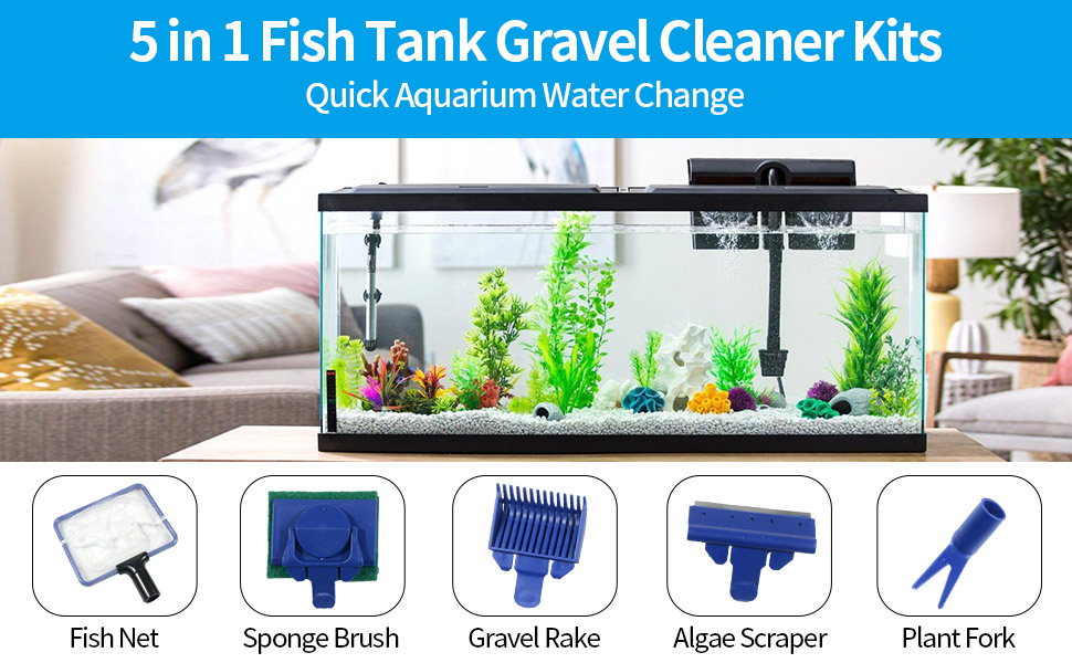 Aquarium Gravel Cleaner Siphon Fish Tank Vacuum Cleaner with Fishing Net Flow Controller